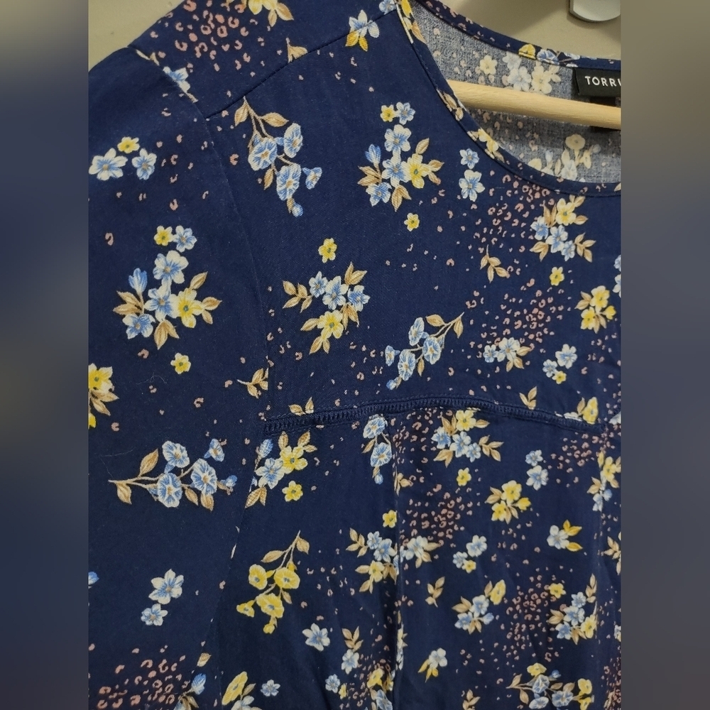 Torrid Navy‎ Floral Challis Mini Dress 2X Trapeze Short Sleeve Beach Coastal - Picture 4 of 12